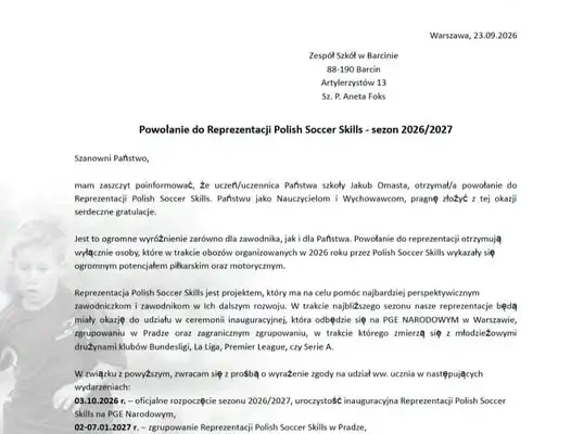 Jakub Omasta z klasy 5c powołany do Reprezentacji Polish Soccer Skills