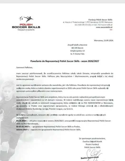 Jakub Omasta z klasy 5c powołany do Reprezentacji Polish Soccer Skills