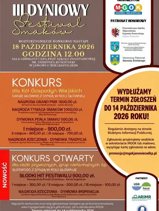 Janowiec Wielkopolski: przedłużony nabór do III Dyniowego Festiwalu Smaków