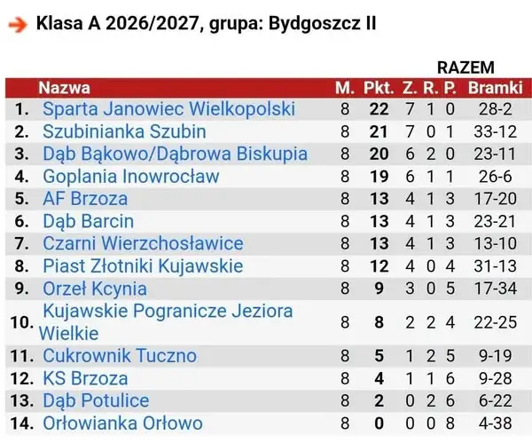 Sparta Janowiec Wielkopolski rozgromiła KS Brzoza 5:0 w 8. kolejce A-klasy
