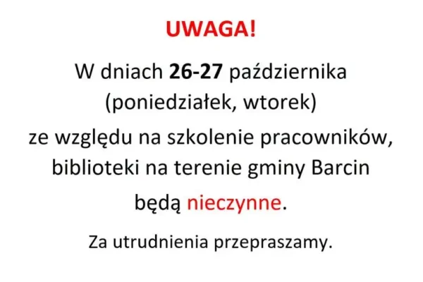 Biblioteki w gminie Barcin nieczynne 26-27 października