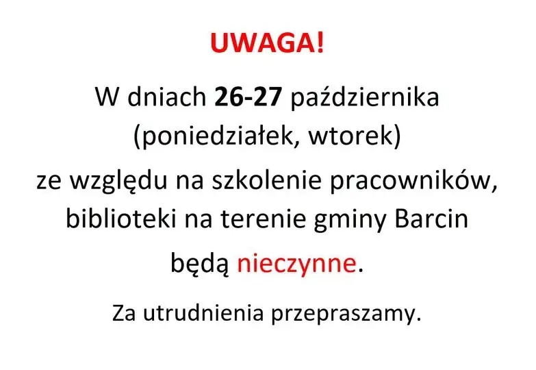 Biblioteki w gminie Barcin nieczynne 26-27 października
