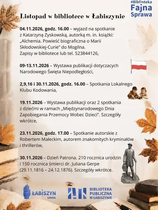 Listopadowe atrakcje w Bibliotece w Łabiszynie – spotkania, wystawy i klub kodowania